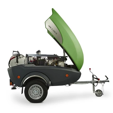 DiBO JMB-S kompakt, 750 kg ösztömegű utánfutóba épített tisztítógép beépített diesel üzemű motorral és vízmelegítővel, 200-250 bar üzemi nyomással és 15-18 liter/perc vízhozam változatokban